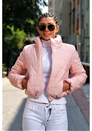Kadın Pudra Dik Yaka Su Geçirmez Kısa Şişme Mont