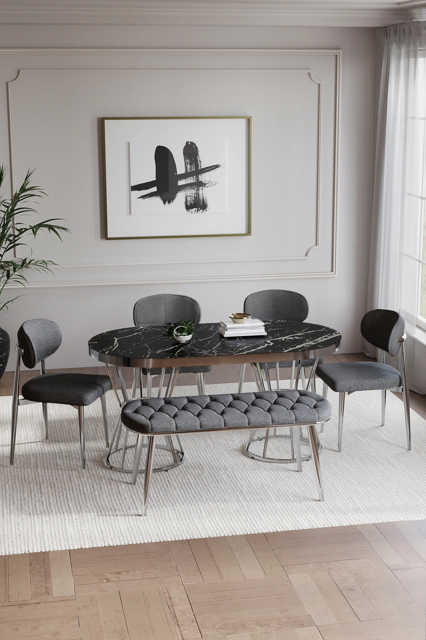 Bohem Polo Mutfak Masası Takımı 6 Kişilik Bencli Gümüş