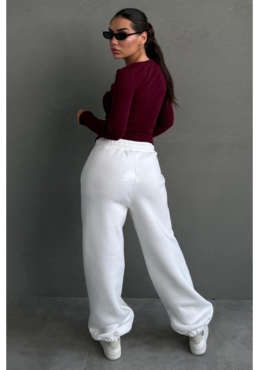 Ekru Geniş Paça Rahat Kalıp Lastikli Eşofman Altı Mg2581 Ekru