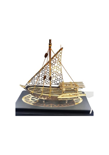 Pirinç Yelkenli Gemi Altın Kaplama Katar Dhow Teknesi Deri Kutulu 23cm No.2