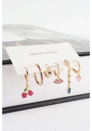 Kadın Vip Seri Mix Zirkon Taşlı 6'lı Küpe Seti - Altın