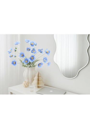 Yapay Çiçek Gelincik Çiçeği Mavi Açık Renk 3 Çiçek 1 Tomurcuk 59cm Mavi