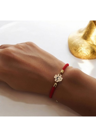 Örgü İplili 14 Ayar Altın Plakalı Çiçek Figürlü Türkiye Sembollü Hediye Bileklik-324sembol-kırmızı Altın