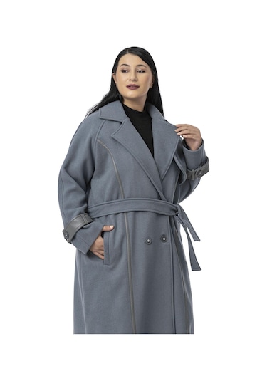 Büyük Beden Deri Biye Detaylı Fleto Cepli Kuşaklı Astarlı Kaşe Uzun Mavi Kaban Mavi