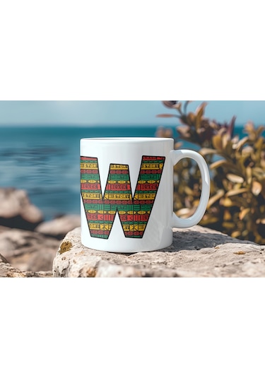 W Harfi Etnik Desenli Kupa - Afrika Tarzı Kahve Çay Kupası - Hediyelik - Black History Beyaz