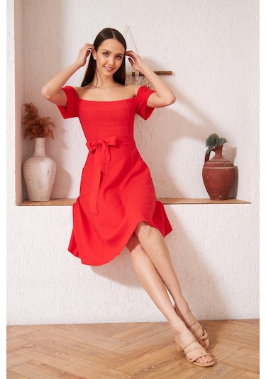 Darlin Moda Kırmızı Omzu Açık Elbise Dm1008 Kırmızı