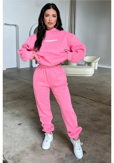 Pembe That So Fetch Eşofman Takımı - Baskılı Oversize Kapüşonlu Şardonlu Pembe