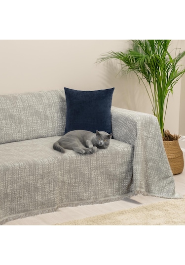 Purecot Premium Pamuklu Püsküllü Koltuk Örtüsü 180x220 Çift Taraflı Terletmez Kaymaz , Kahve Kahve