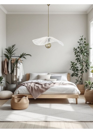 Hasır El Yapımı Bohem Asimetrik Şekilli Rustik Avize - Beyaz Beyaz