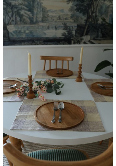 Yakacihome Juta Mor 5 Parça 4 Parça Amerikan Servis & 1 Parça Püsküllü Runner Jüt Kumaş Sofra Seti Mor