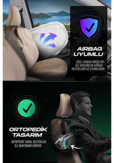 Bej - Bej Panda Monte Carlo Serisi Velor Kadife Kumaş Oto Koltuk Kılıfı - Tam Set