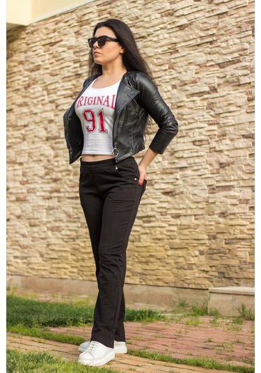 Kadın Siyah Ön Arka Cep Gizli İpli Lastikli Rahat Pantolon Eşofman Altı 21KESAPANT Siyah