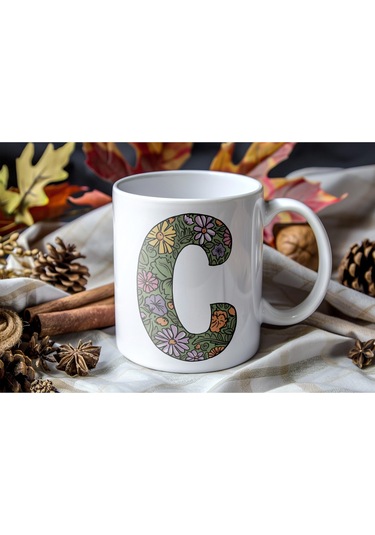 C Baş Harf Çiçek Desenleri İle Natural Tarz Kupa Bardak - Kişiye Özel Çiçekli Kahve Çay Bardak - Beyaz