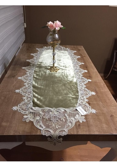 Gelin Çeyiz Yeşil Kadife Dantelli Runner