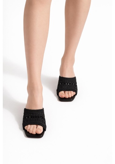 Tual Shoes Kadın Siyah Örgü Detaylı Topuklu Terlik Siyah - Siyah