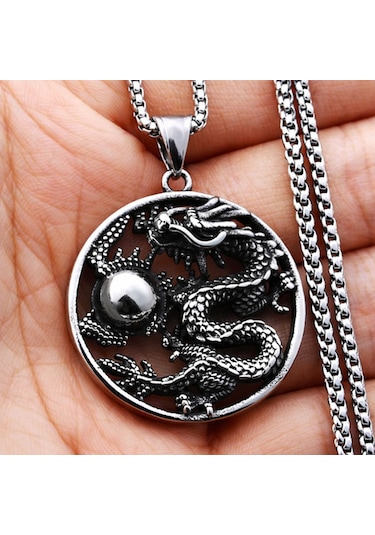 Paslanmaz Çelik Dragon Figür Çin Ejderhası Kolye Gümüş