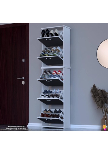 Modilayn Verve Antre 52x194x26 Cm Lik 5 Düşer Kapak 10 Göz Bölmeli Ayakkabılık Antrasit - Beyaz