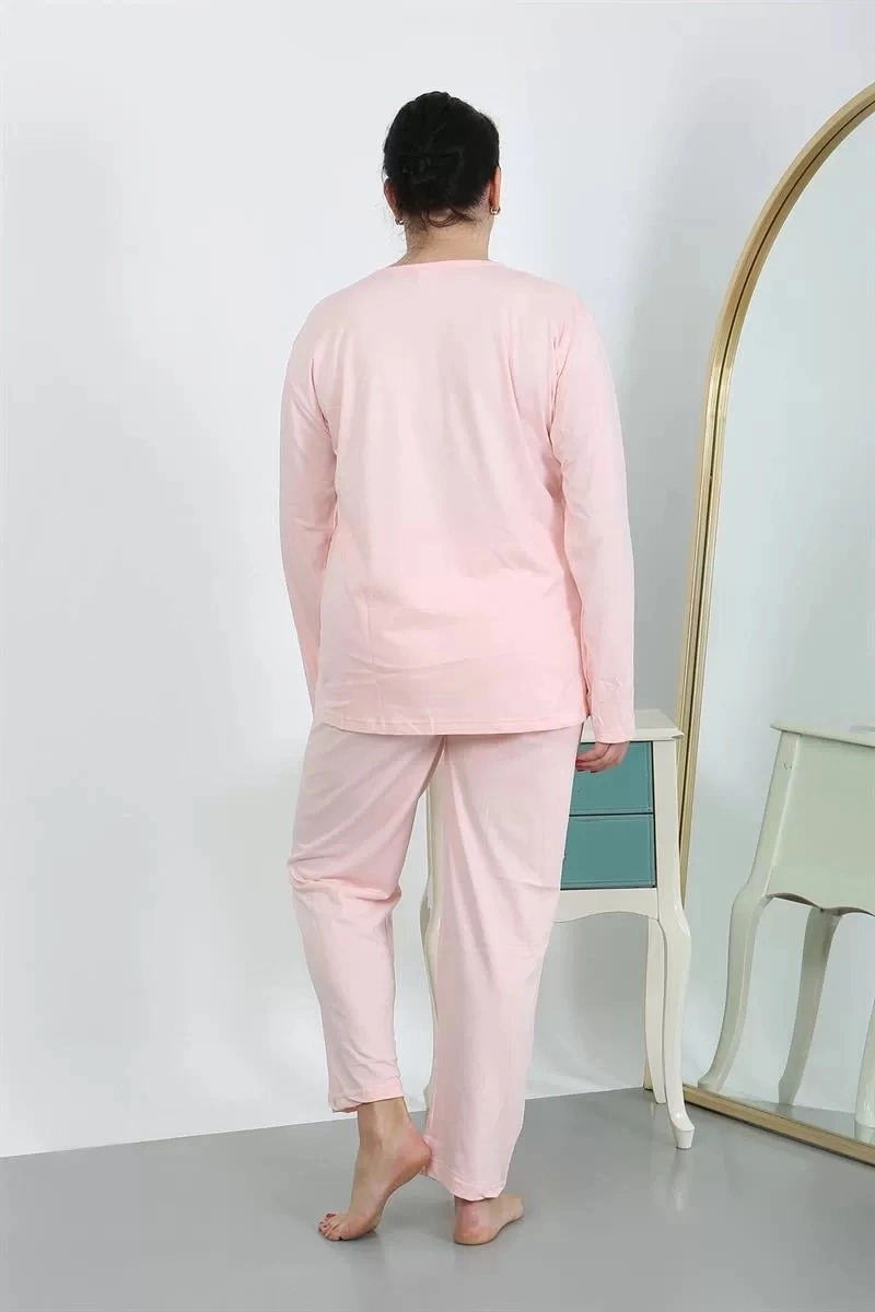 Moda Kadın Büyük Beden Uzun Kol Penye Pijama Takımı Pembe Pembe