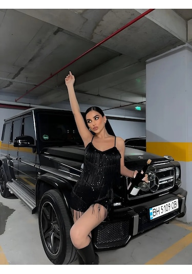 Toula Payet Saçaklı Tulum Elbise Siyah