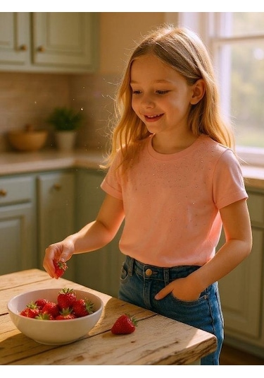 Zekids Kız Çocuk Taş İşlemeli Pamuklu T-shirt-16310 Pudra