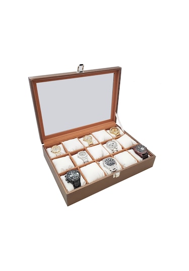 Chavin 15 Li Diamond Bronz Deri Ahşap Camlı Saat Kutusu St15-58