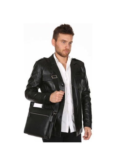 Hakiki Kuzu Derisi Düğmeli Gömlek Yaka Cepli Erkek Ceket Siyah Karışık / Çok Renkli