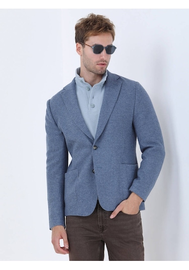 Kip Mavi Düz Modern Fit Yün Karışımlı Örme Ceket Çok Renkli
