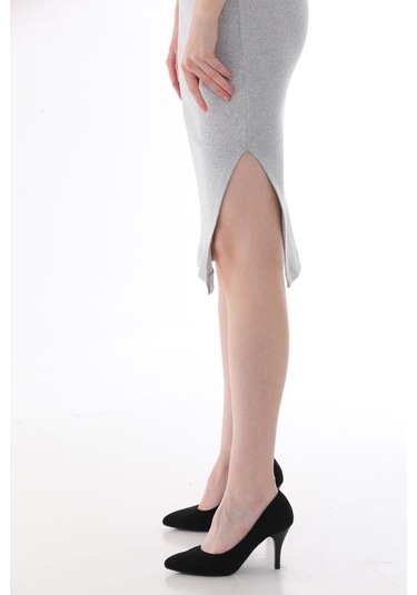 Kallima Gri Kolsuz Diz Altı Yırtmaçlı Fitilli Esnek Elbise Gri