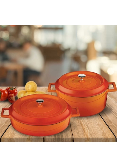 Lava 24Cm Yuvarlak 24Cm Sığ 2Li Demir Döküm Tencere Seti Turuncu