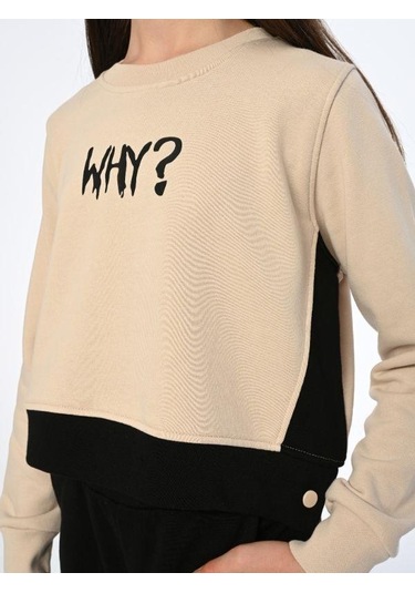 Kız Çocuk Why Yazılı Yanlardan Çıt Çıtlı Bol Paça Eşofman Takım-13538 Siyah