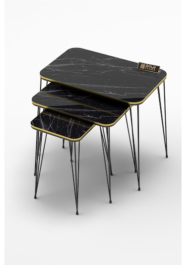 Zigon Sehpa Kr Çift Bendir Tel Siyah Ayak Siyah Mermer Desen