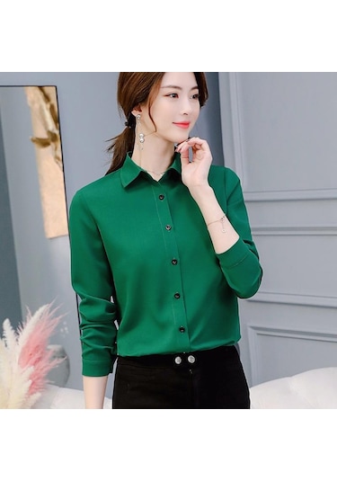 Yeşil İlkbahar Ve Yaz Kadın Gömlek İnce Çok Yönlü Büyük Metre Dip Moda Günlük Uzun Kollu Gömlek Yeşil