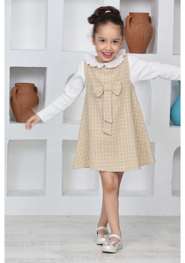 Kız Çocuk Şanel Kumaş 2'li Elbise Elbise+bady Bluz 12174 KREM