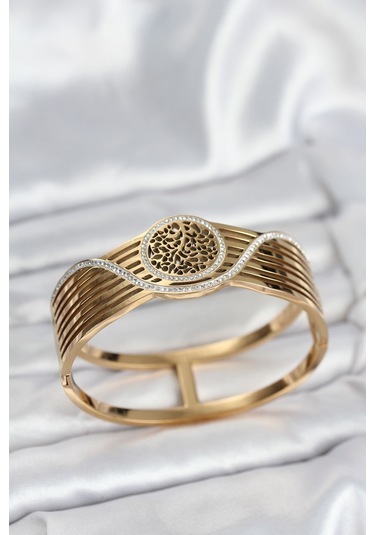 Zarif Bilekler İçin Golden Çelik Yaşam Ağacı Kadın Kelepçe Bileklik Gri