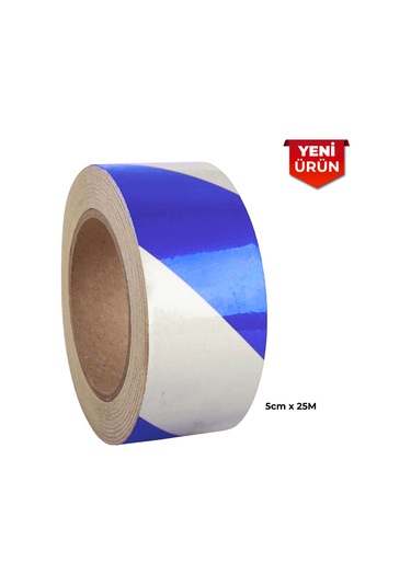 Reflektif Fosforlu Çapraz Şerit Bant, Çift Renk Reflekte İkaz Bandı 5cm X 25m - Beyaz Mavi 6002