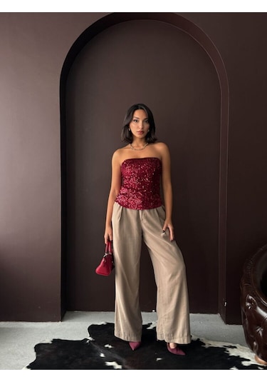 Topshow Straplez Bluz Yılbaşı Bordo