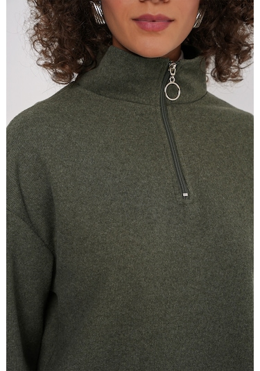 Bigdart 55449 Fermuarlı Yaka Örme Sweatshirt - Haki