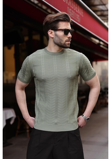 Haki Bisiklet Yaka Slim Fit Triko Erkek Tişört E7466