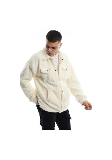 Erkek Kıvırcık Peluş Cıt Cıt Kapamalı Ceket Ekru