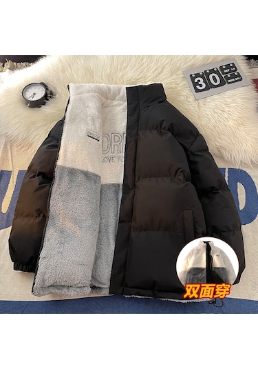 2025 Yeni Çift Taraflı Bol Kesim Kuzu Yünü Pamuklu Dolgulu Ceket, Unisex Çift Pamuklu Dolgulu Mont Siyah