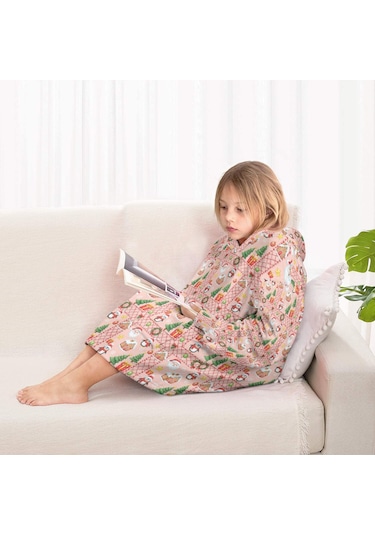 Noel Temalı 6-13 Yaş Çocuk Giyilebilir Battaniye Hoodie, Kalın Peluş, Büyük Boy-a144 Krem - Pembe