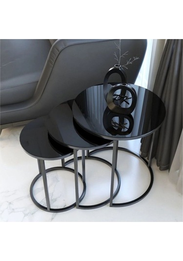 Tubi Yuvarlak Camlı Üçlü Zigon Sehpa Siyah
