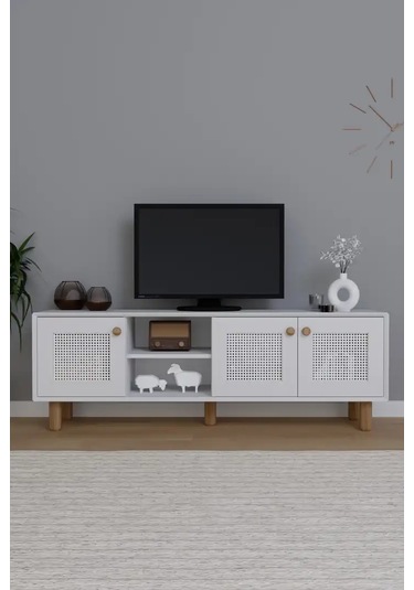 Bohem Serisi Natura Mat Beyaz Pvc Hasır Desen Tv Ünitesi Beyaz