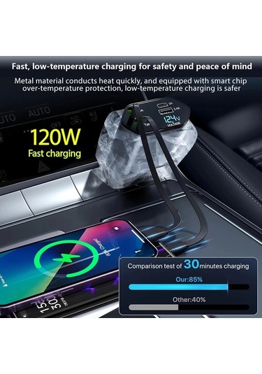 Oldfriend Gri 4'ü 1 Arada Araç Şarj Cihazı 80cm Usb Type-c Hızlı Şarj 180 Dönebilir