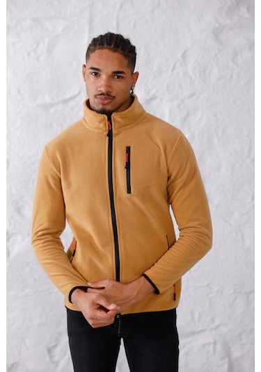 Monox Erkek Biyeli Fermuarlı Spor Polar Ceket Camel