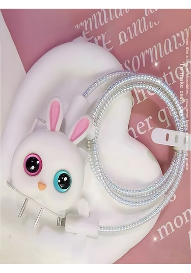 iPhone 18/20 W Şarj Cihazı Uyumlu 5 Parça Şarj Koruma Seti, Kablo Koruyucu - Tavşan