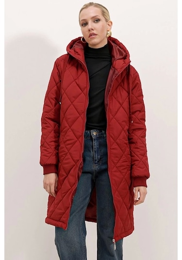 5138 Kapitone Uzun Şişme Mont - Bordo Bordo