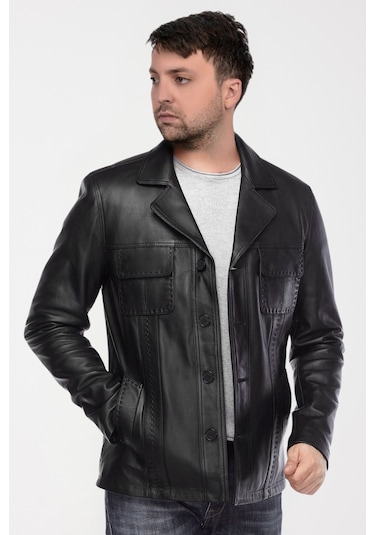 Derije Gomez Hakiki Deri Erkek Siyah Punto Dikiş Detaylı Ceket-Mont