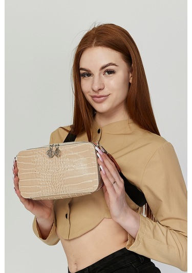 Morpelikan Bej Kroko İki Bölmeli Kadın Omuz Çantası Bej