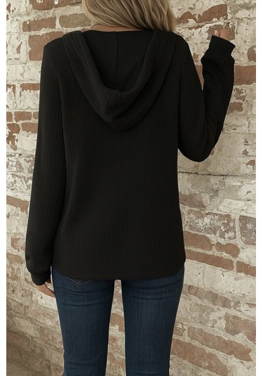 Tua Moda Kadın Uzun Kollu Kapşonlu Önü Düğmeli Ve Bağcıklı Waffle Bluz Siyah